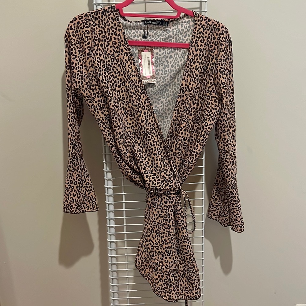 Leopard print wrap skater dress boohoo, brand new with tags!!